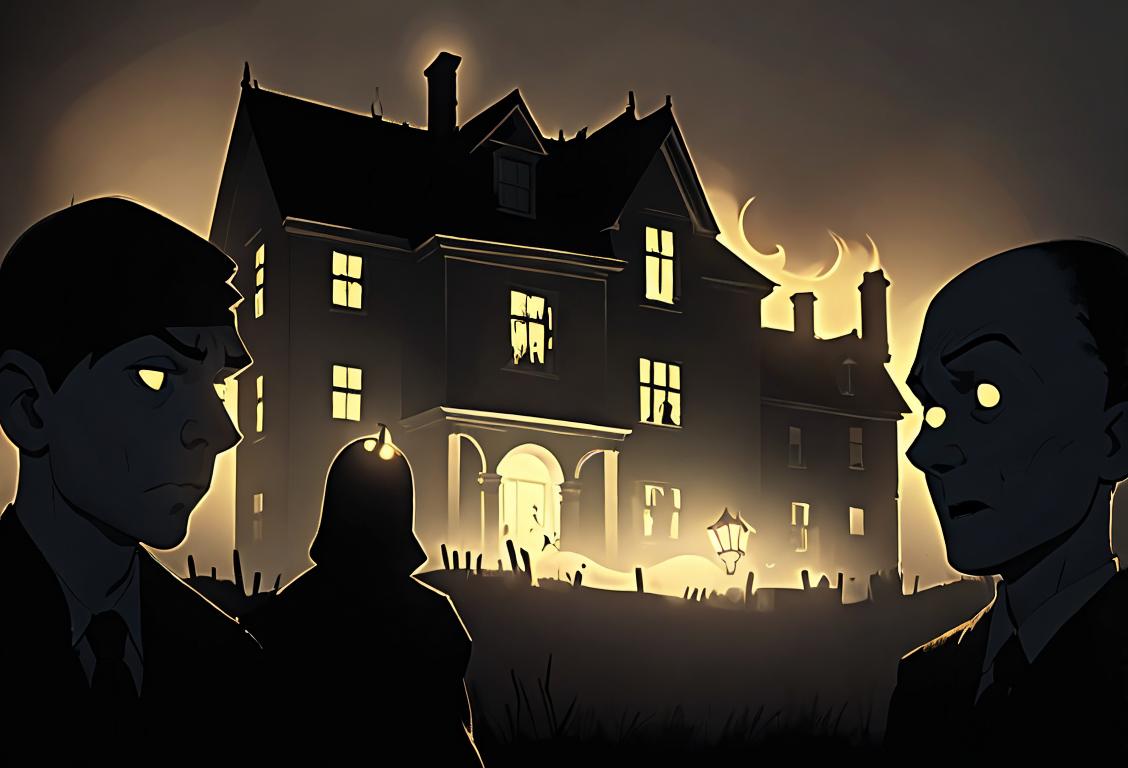 A group of ghost hunters in action, wearing headlamps and holding EMF meters, exploring a spooky haunted house, with creepy shadows and mist in the background..