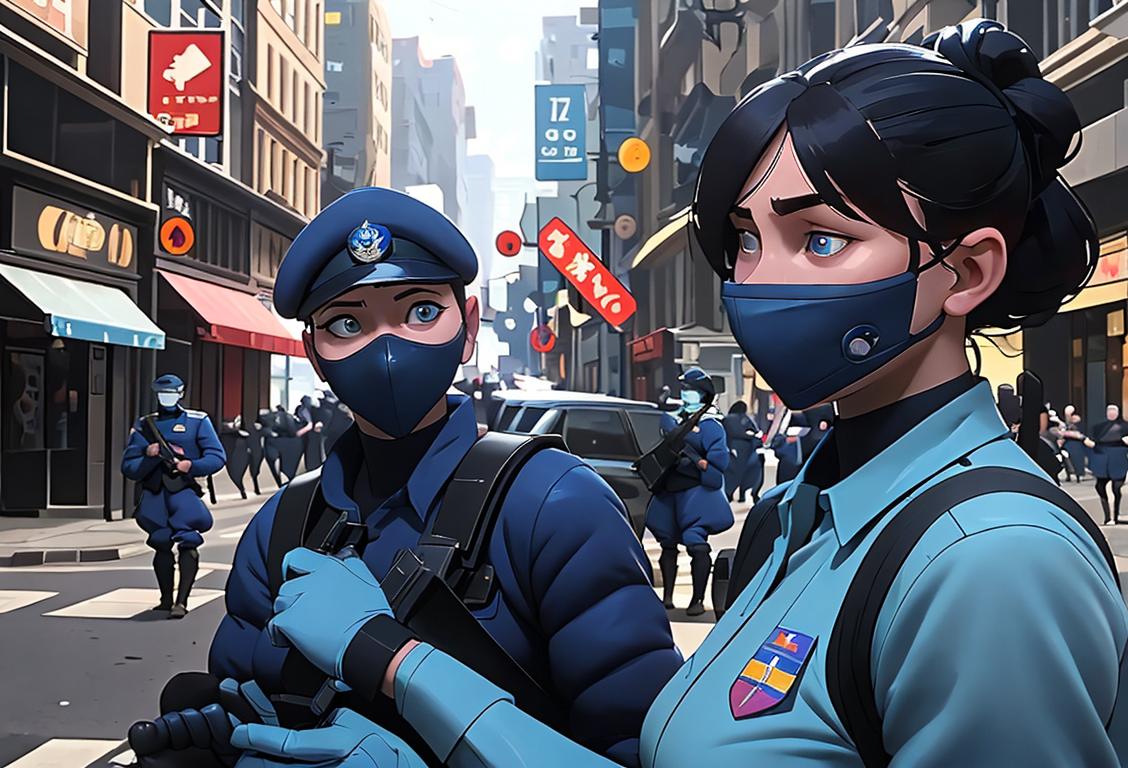 National Guard soldiers wearing protective masks, blue uniforms, assisting people in a bustling city street during the COVID-19 pandemic..
