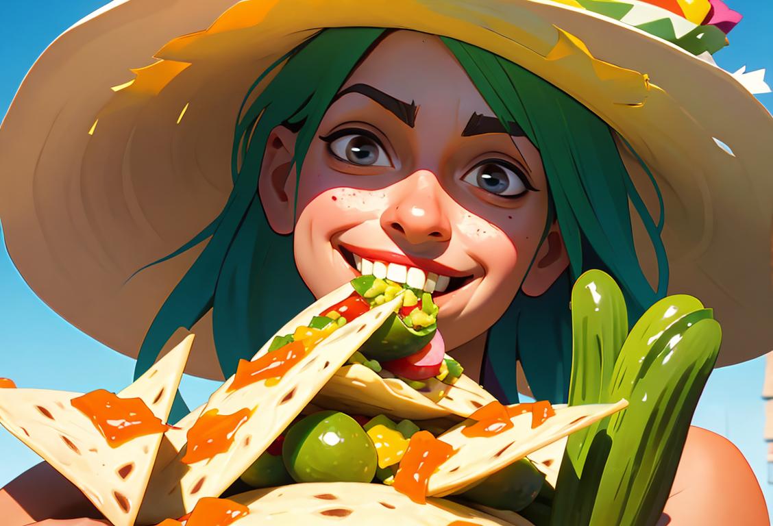 A smiling individual eating guacamole with tortilla chips, wearing a colorful sombrero, Mexican fiesta setting..