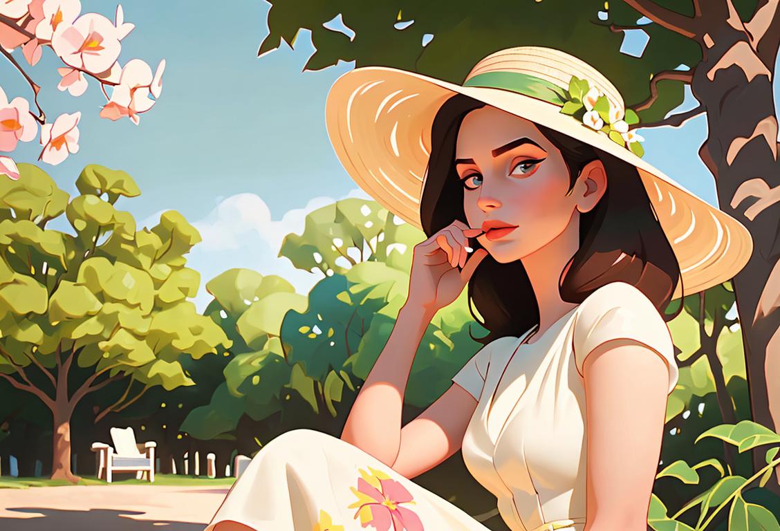 Young woman sitting under a shady tree, wearing a wide-brimmed straw hat, floral summer dress, Lana del Rey poster in the background..