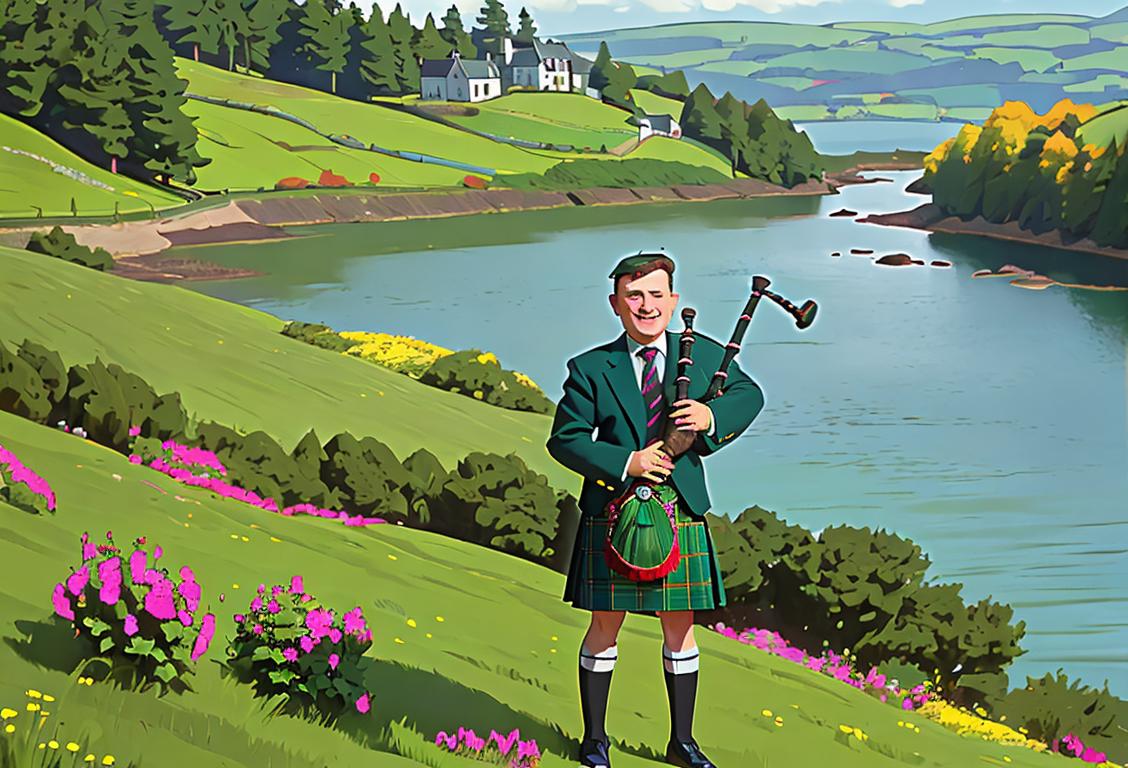 Cheerful bagpipe player wearing a kilt, surrounded by rolling green hills and a sea of colorful tartan patterns..