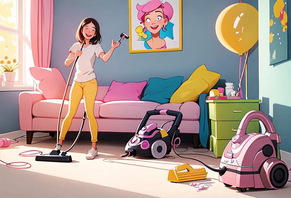 Happy person wearing clean, bright clothes, vacuuming with enthusiasm in a sparkling, organized room..