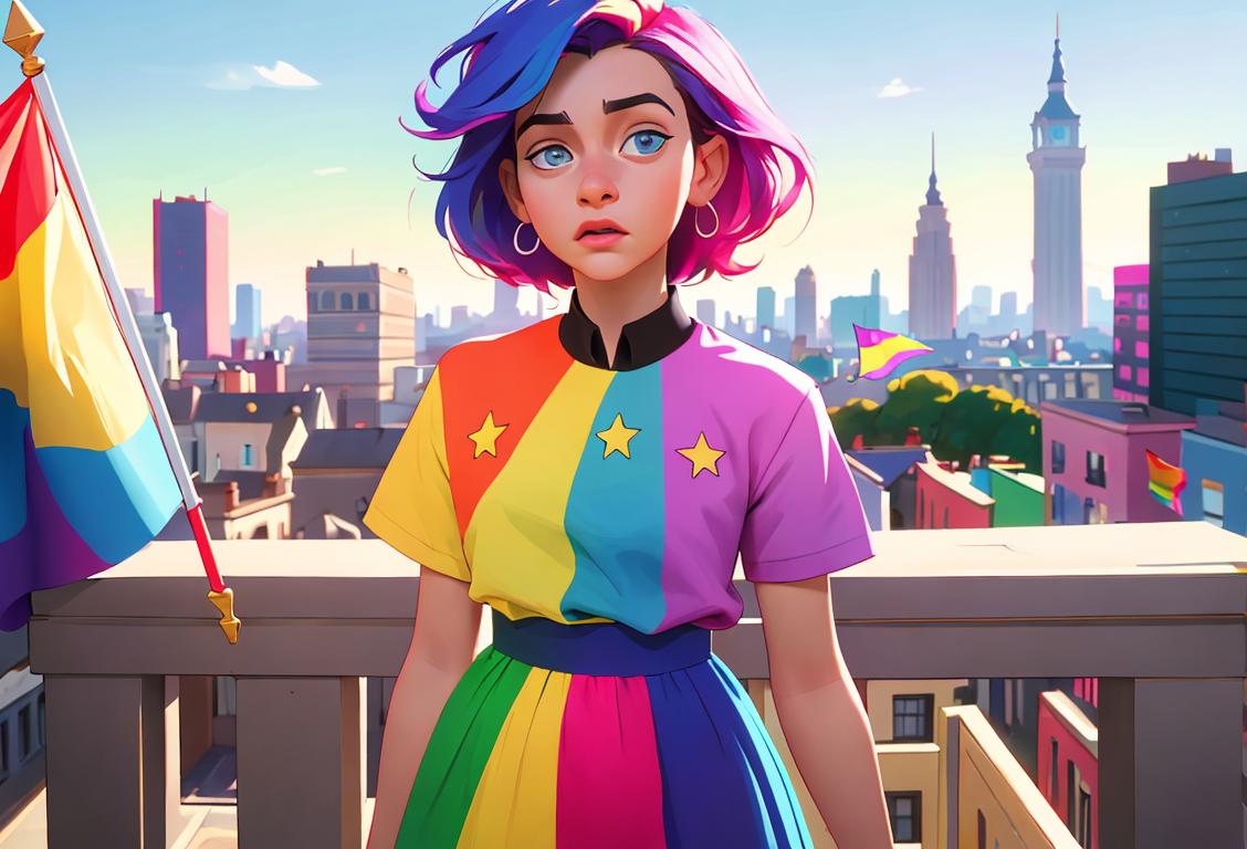 Young person standing confidently, wearing colorful, pride flag-inspired outfit, in front of a vibrant cityscape..