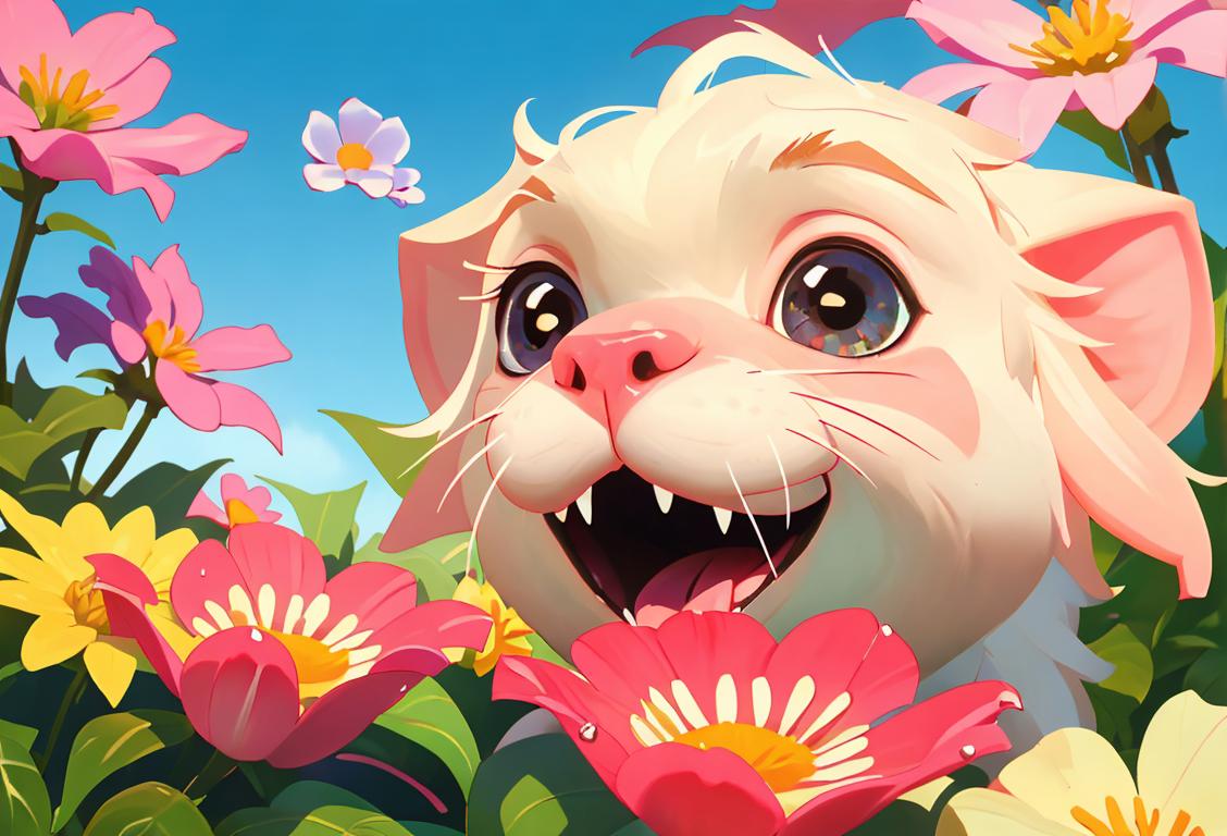 Close-up of a wet nose of an adorable animal, surrounded by colorful flowers in a sunny garden..