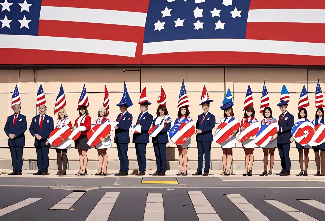 A diverse group of people, wearing various patriotic outfits, standing in front of a mailbox filled with mail-in ballots..