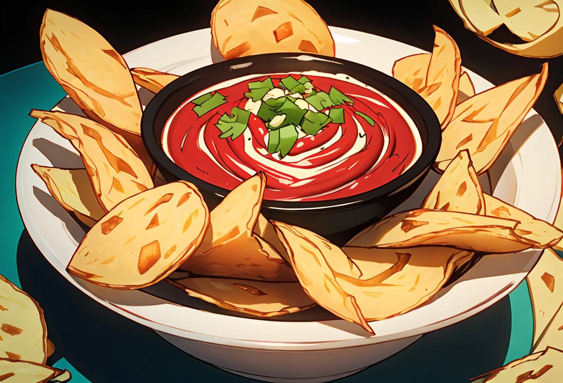 A person holding a bowl of crispy potato chips, surrounded by a variety of dipping sauces, smiles as they indulge in their favorite snack..