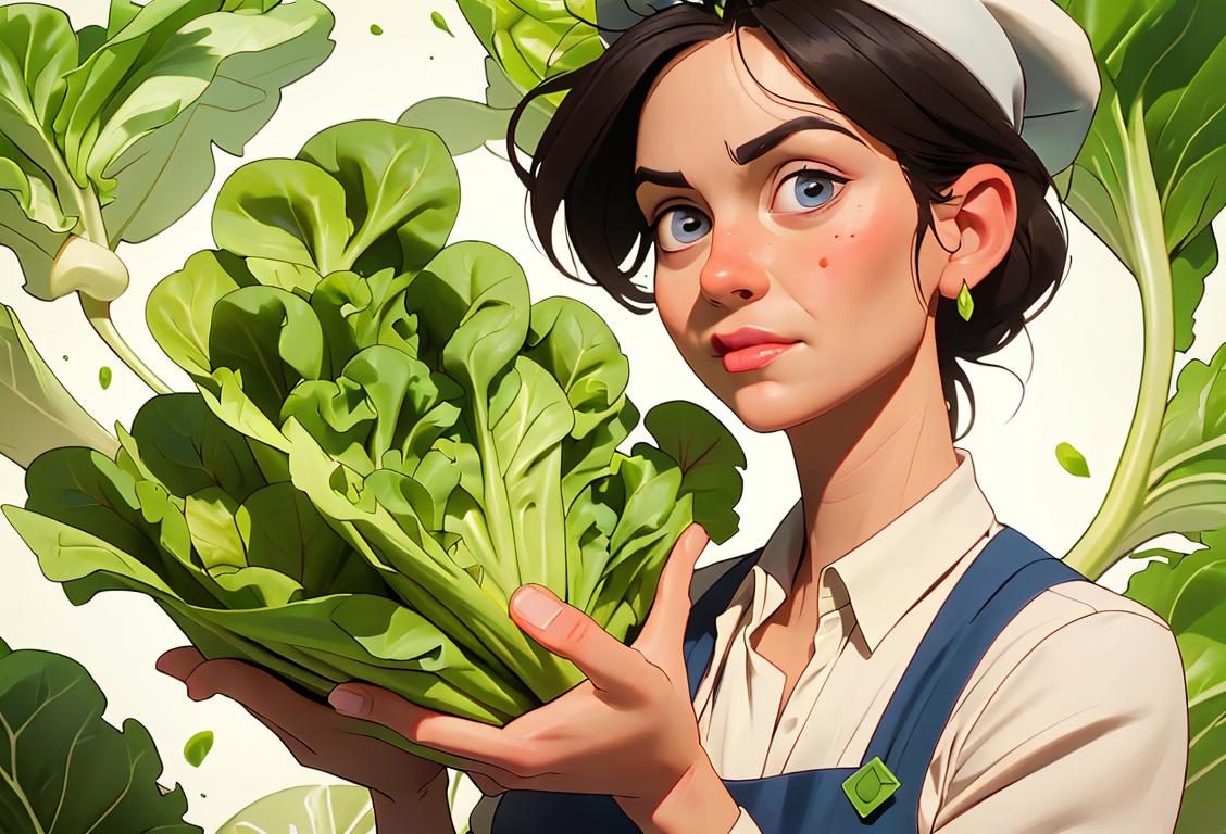 A vibrant image of a person holding a crisp lettuce leaf, wearing a chef's hat and apron, surrounded by fresh vegetables in a bustling farmers market scene..