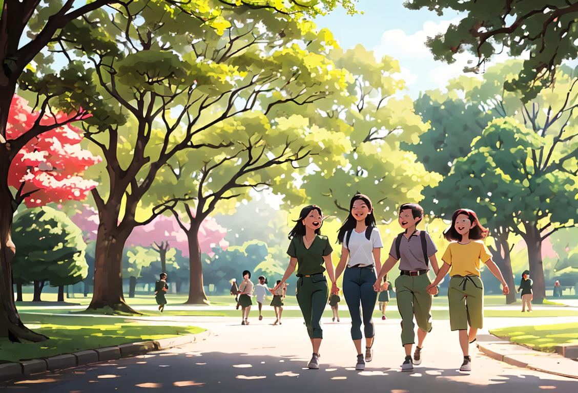 A group of diverse individuals happily walking outdoors, wearing casual and comfortable clothing, with a carefree and joyful expression on their faces. The scene is set in a beautiful park, surrounded by trees and a gentle breeze, symbolizing the liberation and celebration of National Go Commando Day. Some individuals are wearing trendy hats and sunglasses, adding a touch of style to the image..