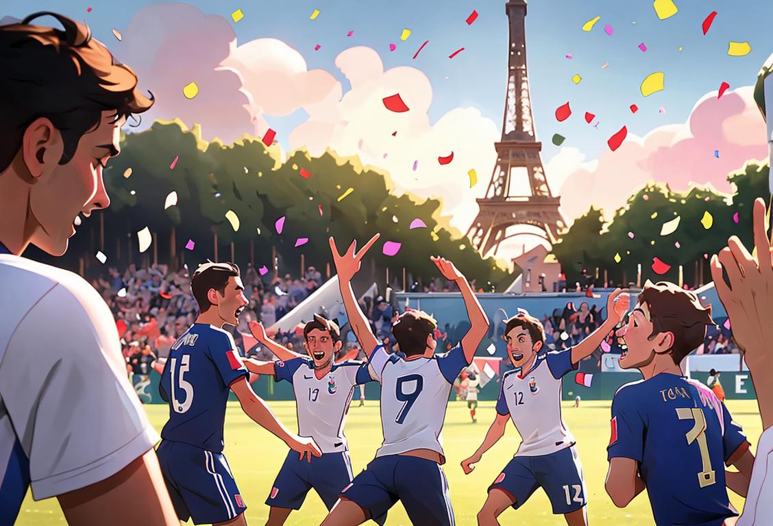 Joyful soccer players in the team's jerseys, celebrating their return with confetti and a lively crowd, French cityscape in the background..