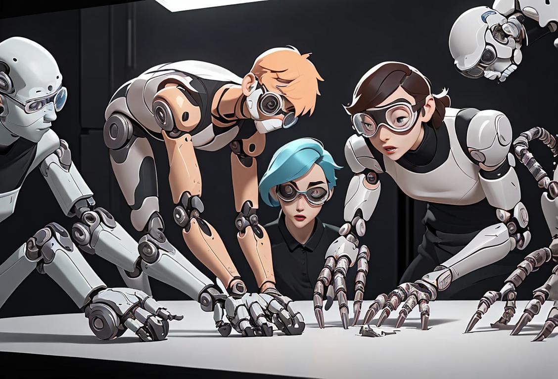A group of students wearing lab coats and safety goggles, experimenting with robotic limbs while surrounded by futuristic biomechanical equipment..