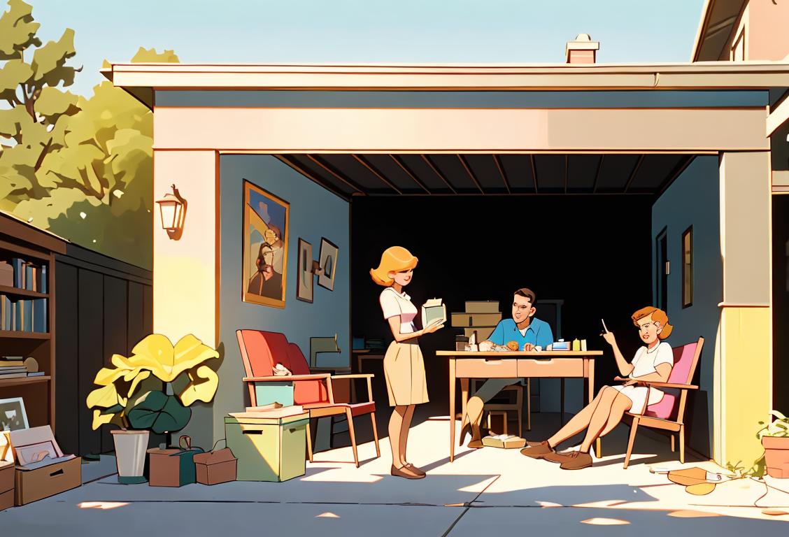 Young couple browsing through boxes at a bustling suburban garage sale. Retro fashion, mid-century style furniture, sunny neighborhood setting..