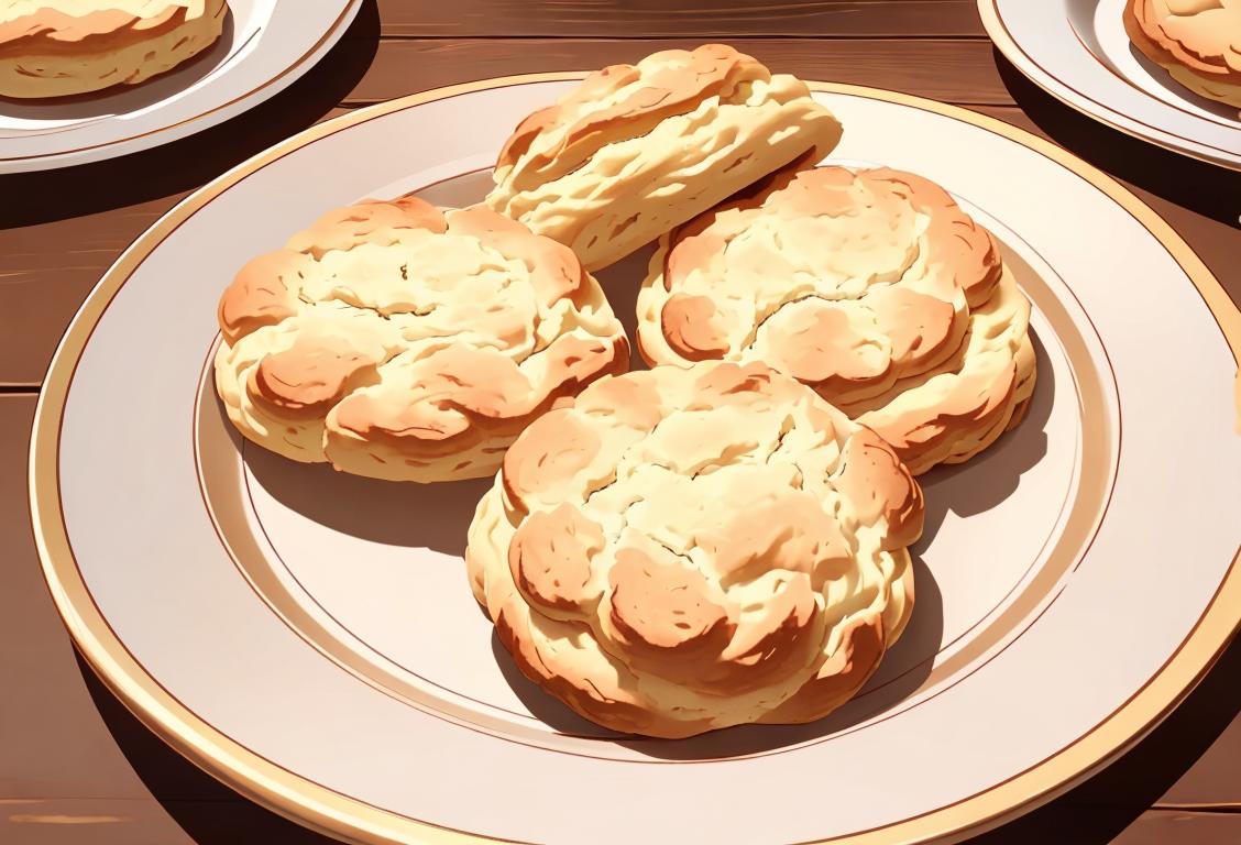 Close-up shot of a ceramic plate filled with an assortment of golden, flaky biscuits, placed on a rustic wooden table, surrounded by a cozy kitchen background..