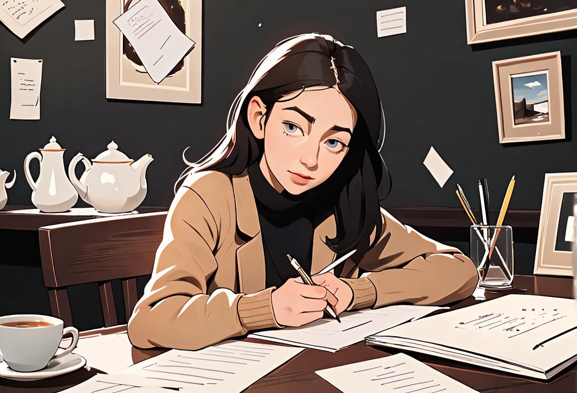 A person sitting in a cozy cafe, sipping tea, surrounded by open books, pens, and paper, inspired to write a heartfelt poem..