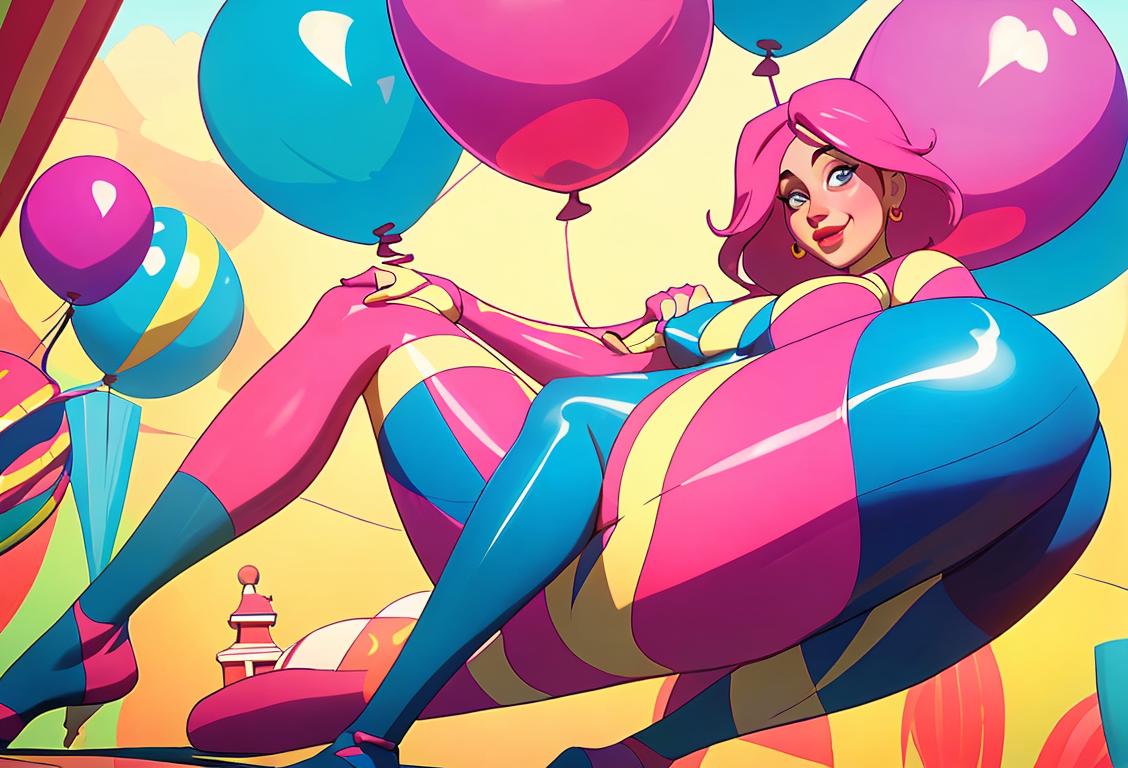 Young woman wearing compression socks, holding a balloon filled with fluid, in a vibrant and lively carnival setting..