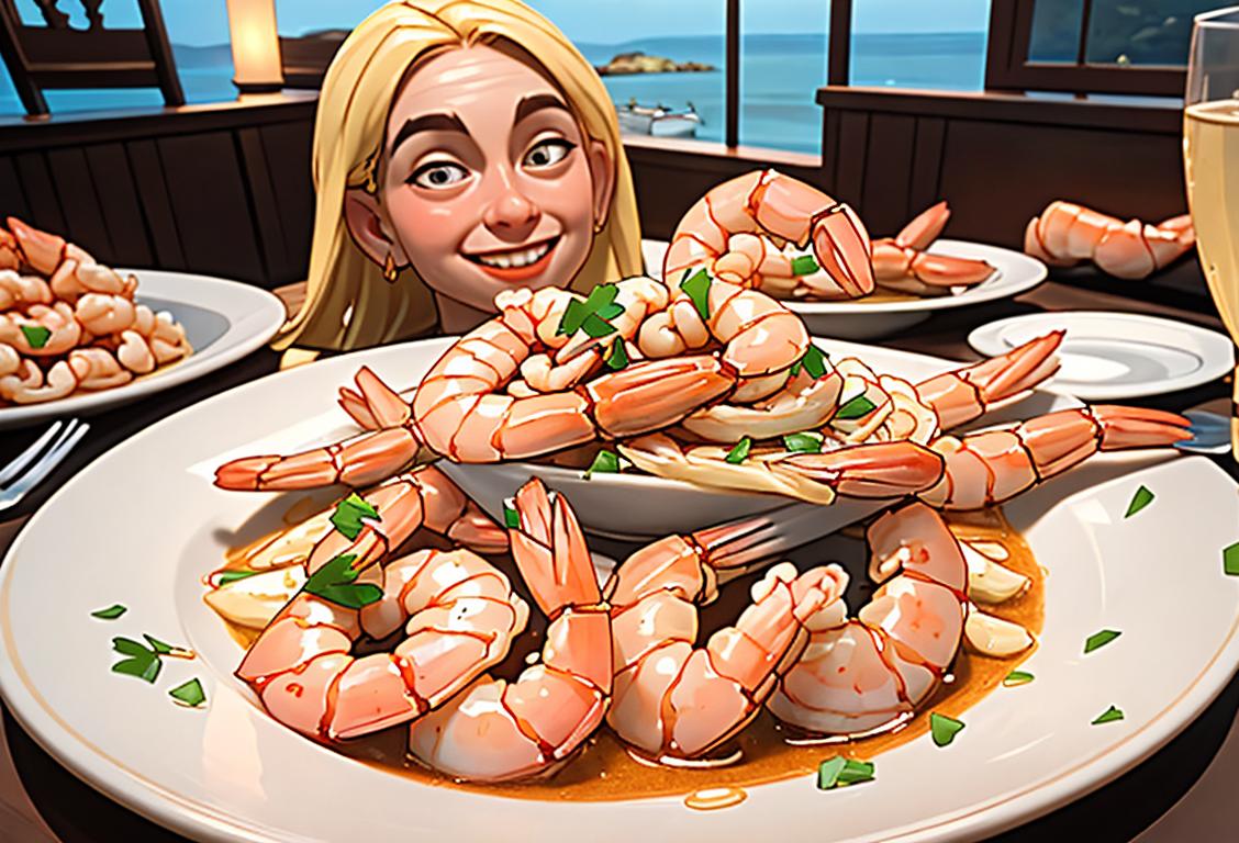 Joyful person in a seafood restaurant, smiling while enjoying a plate of shrimp scampi, surrounded by nautical decor and a coastal setting..