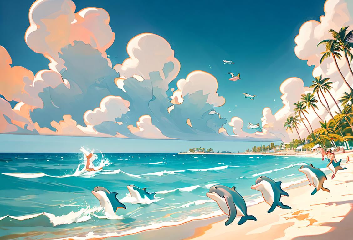 Playful dolphins leaping in the sparkling ocean waves, a group of children with wide smiles watching in awe, beach scene with colorful swimwear and palm trees..