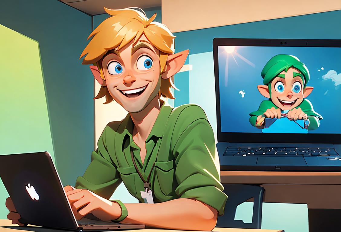 A cheerful link worker holding a laptop, helping people navigate through virtual pathways with a friendly smile, amidst a modern office environment..