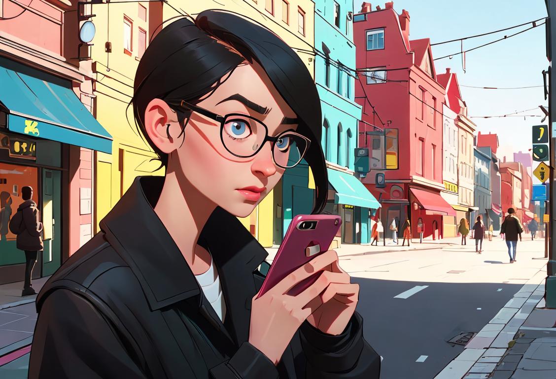 Young person wearing glasses, holding a phone, alertly observing their surroundings, street scene with pedestrians and colorful buildings..