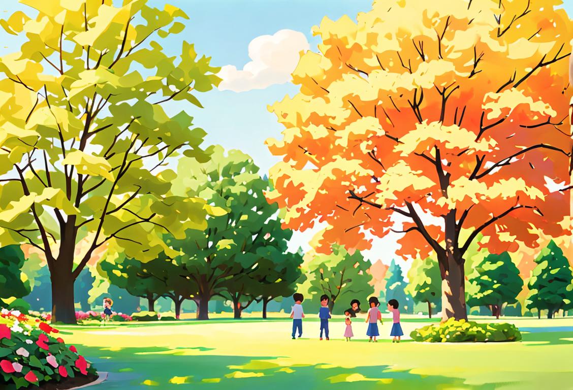Landscape with children planting trees, surrounded by beautiful flowers and smiling faces, sunny park setting..
