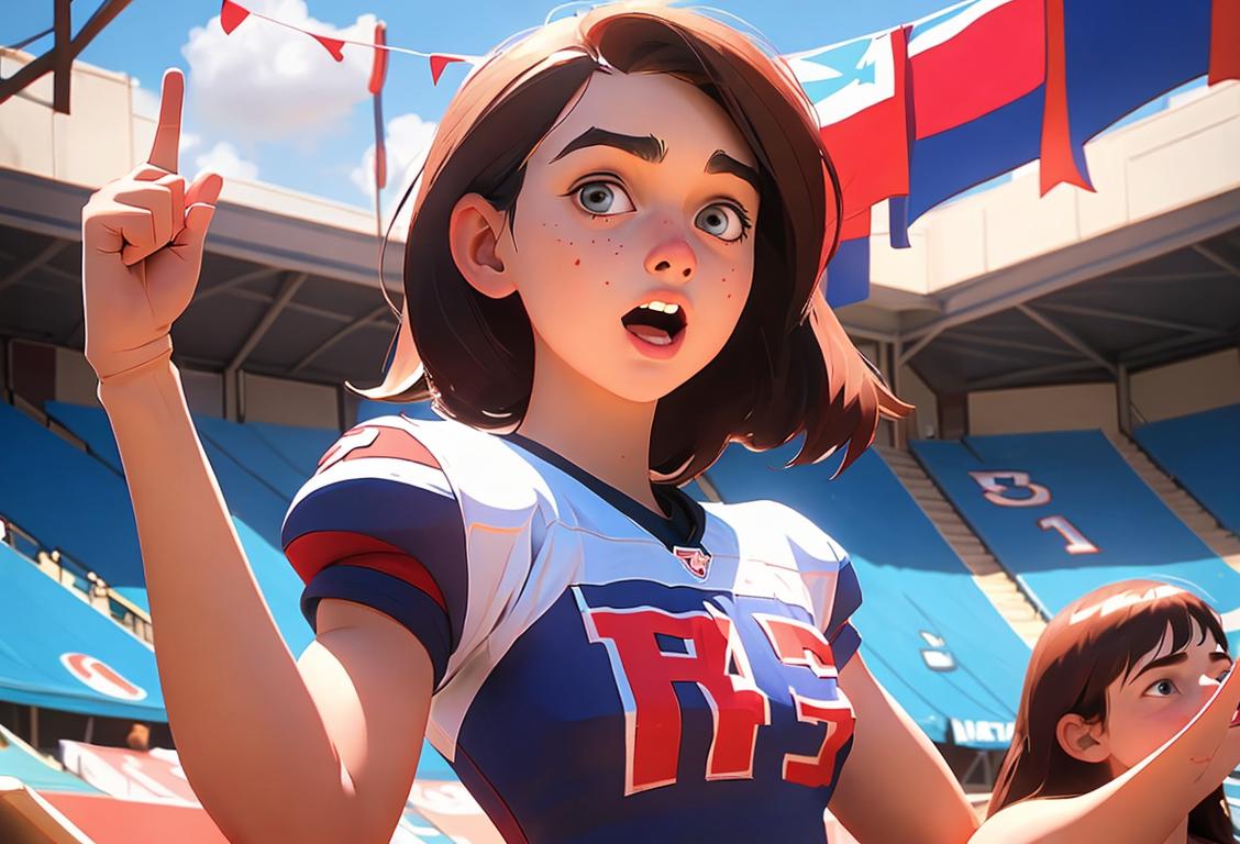 Young girl wearing a jersey, holding a foam finger, surrounded by patriotic decorations and excited fans..