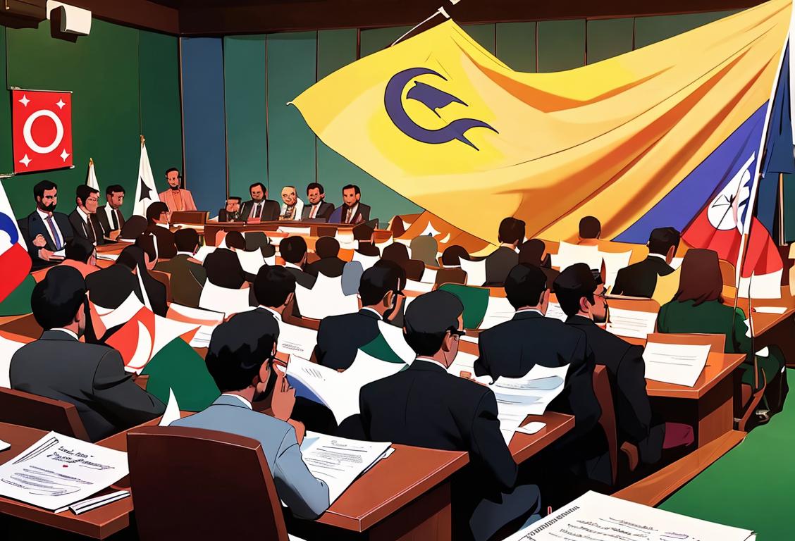 A group of diverse journalists gathered at the National Press Club Islamabad, engaged in professional discussions and Q&amp;A sessions, with a backdrop of colorful flags representing press freedom..