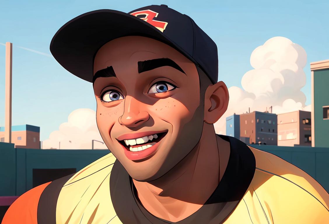 Young man creating inspiring and uplifting content, wearing a baseball cap, urban city backdrop, with joyful expressions and positive vibes..