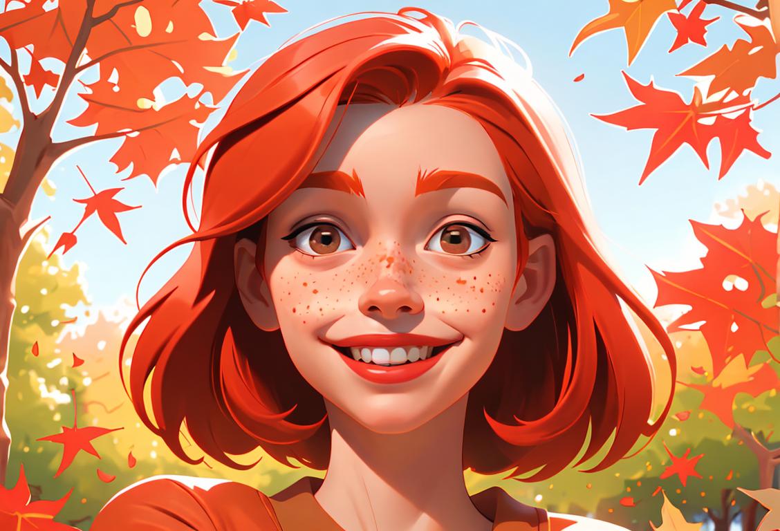 A joyful redhead with a sprinkle of freckles smiling warmly, surrounded by vibrant autumn leaves.