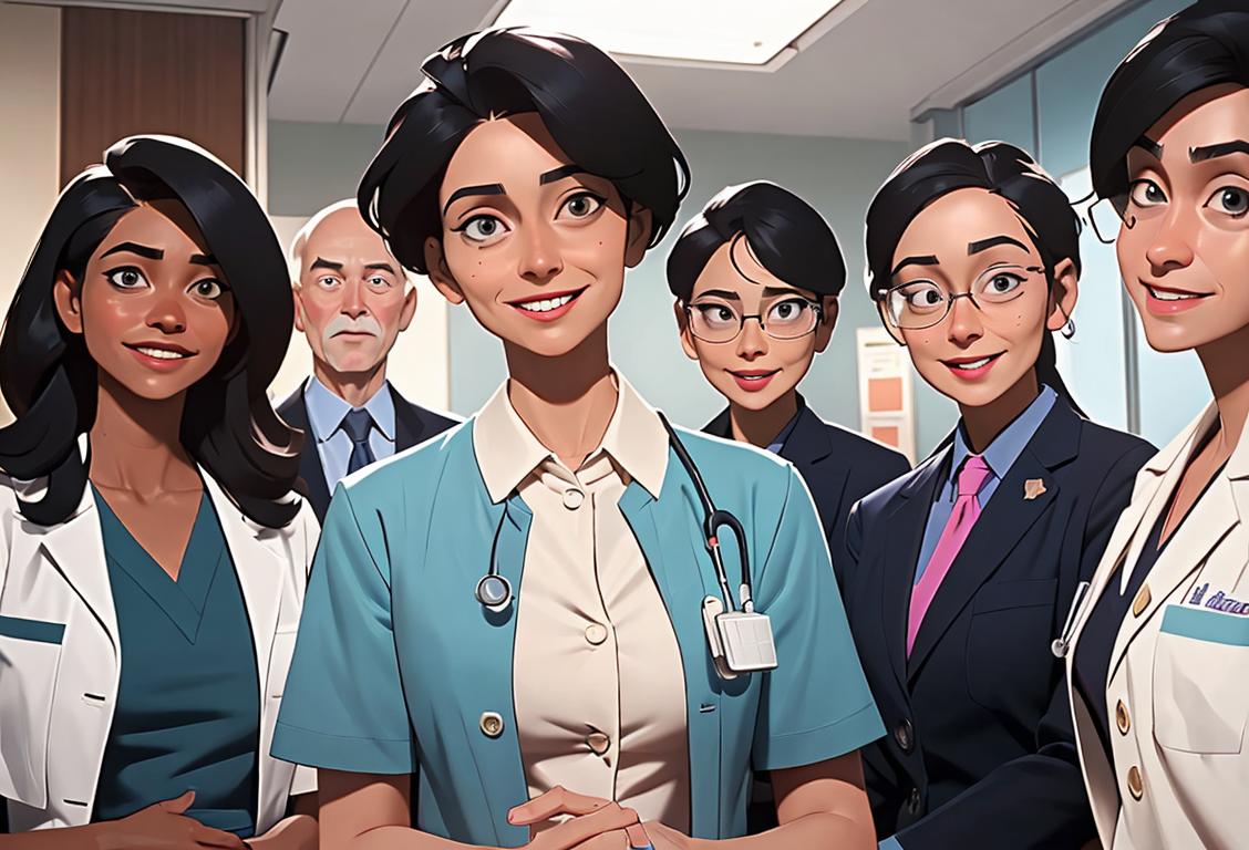 A diverse group of people dressed in professional attire, smiling and discussing healthcare decisions, against a backdrop of a modern hospital..