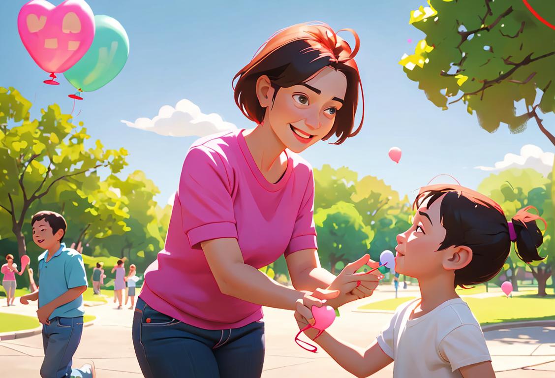 Parents happily playing together with their children in a beautiful park, wearing casual clothes, colorful balloons in the background..