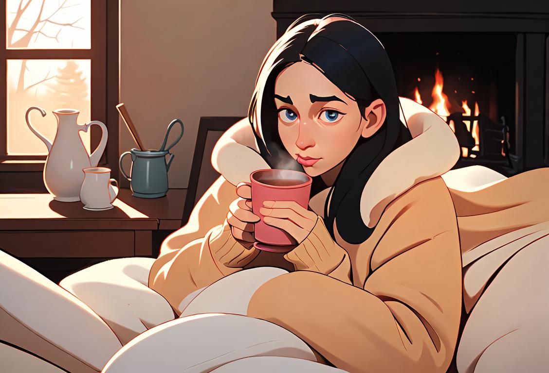 A cozy room with a person sipping hot beverage, surrounded by blankets and wearing fuzzy socks, emphasizing comfort and warmth..