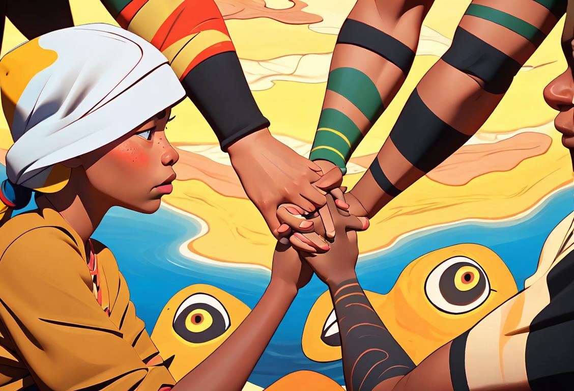 A group of diverse people holding hands, each wearing clothing that represents different Aboriginal languages and cultures, surrounded by a vibrant outdoor setting..