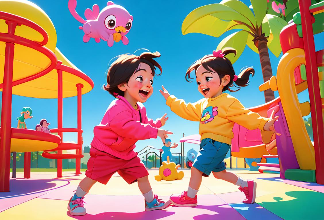 Happy children playing in a colorful playground, wearing vibrant clothing, surrounded by toys and laughter..