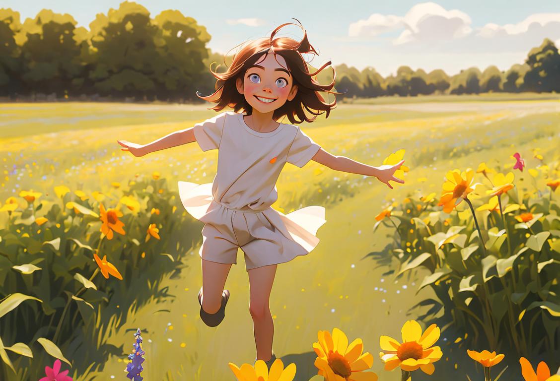 Bright-eyed child, dressed in casual clothing, running through a field of wildflowers with a big smile, embracing the freedom of National No Mask Day..