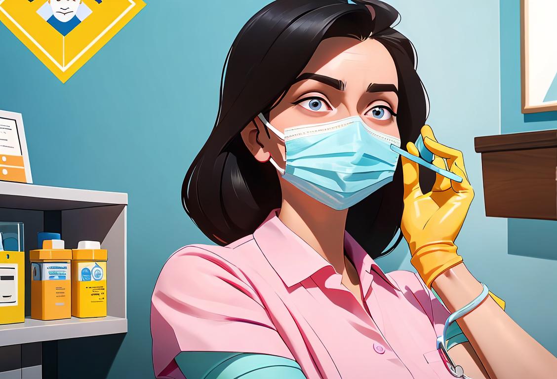 A healthcare worker wearing a face mask and gloves, administering a vaccine to a smiling patient. A modern medical facility setting with a colorful poster about vaccinations in the background..