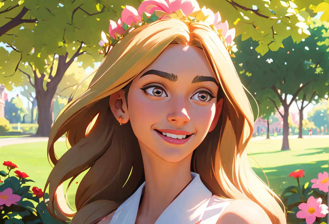 A joyful person named Alexis, wearing a flower crown, surrounded by friends, enjoying a sunny day in a park..