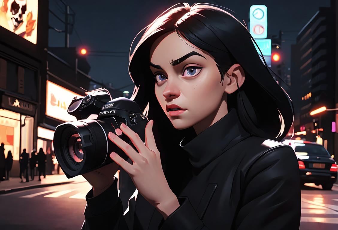 Young woman wearing black clothing, holding a camera, capturing a flash of light in a city at night..