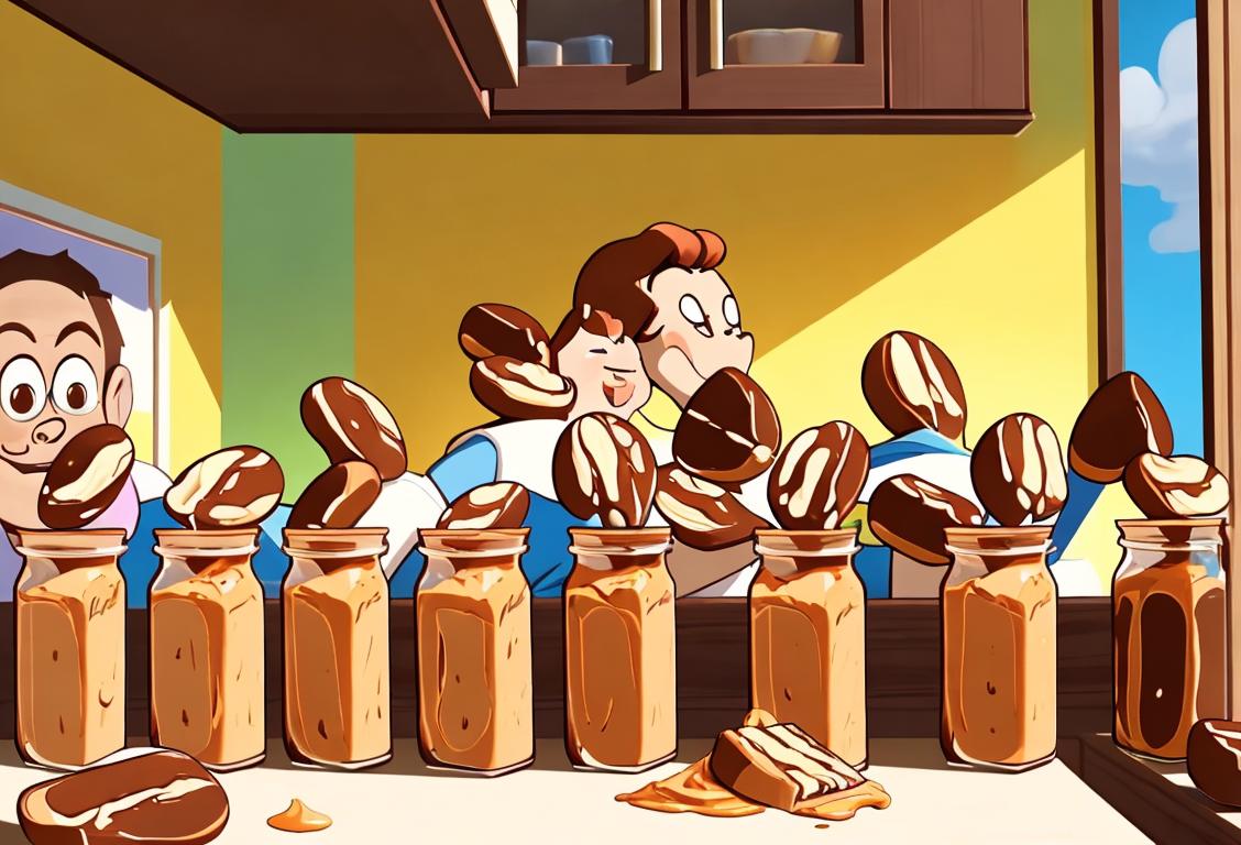 A group of diverse individuals spreading peanut butter on toast, wearing colorful aprons, in a sunny kitchen surrounded by jars of peanut butter..