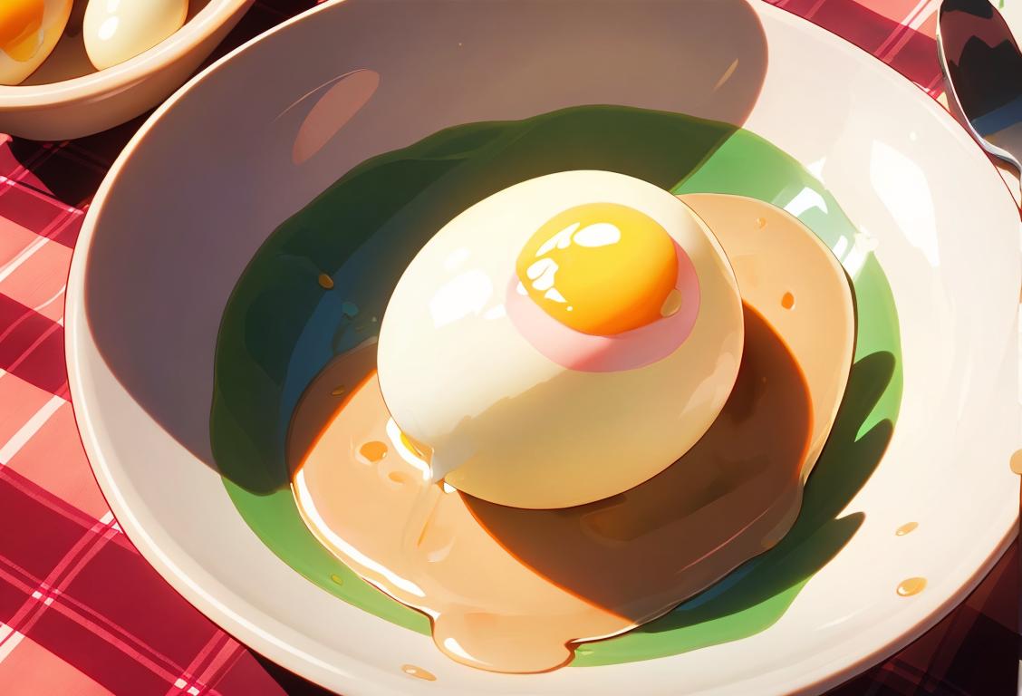 Close-up photo of a hand holding a boiled egg, with a colorful plaid napkin underneath, picnic setting..