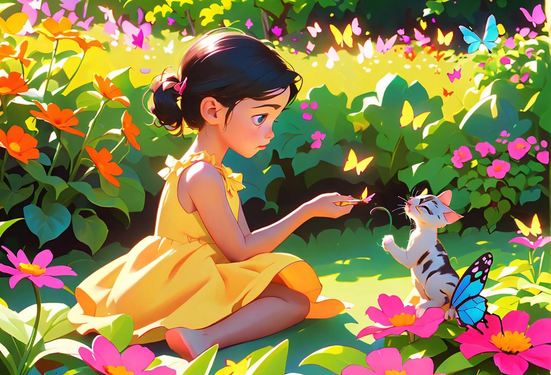 Cute little girl holding a playful kitten, wearing a colorful sundress, garden setting with flowers and butterflies..