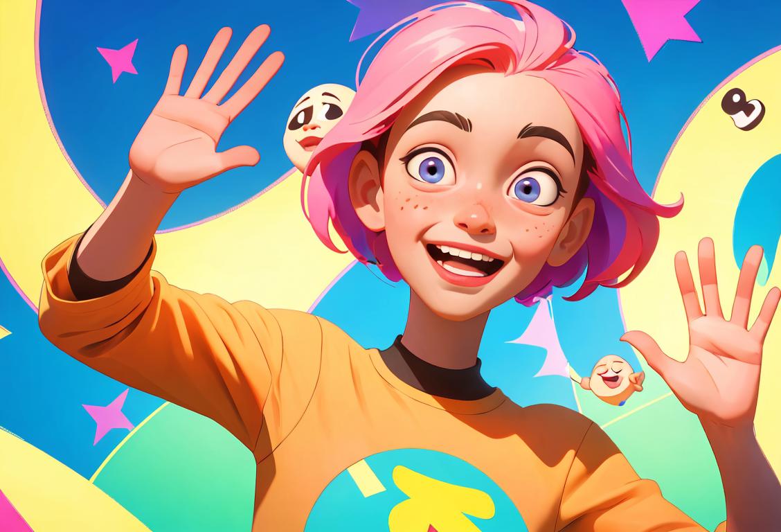Young boy/girl with a big smile, making a playful, exaggerated waving motion, surrounded by vibrant, colorful online symbols and emojis.