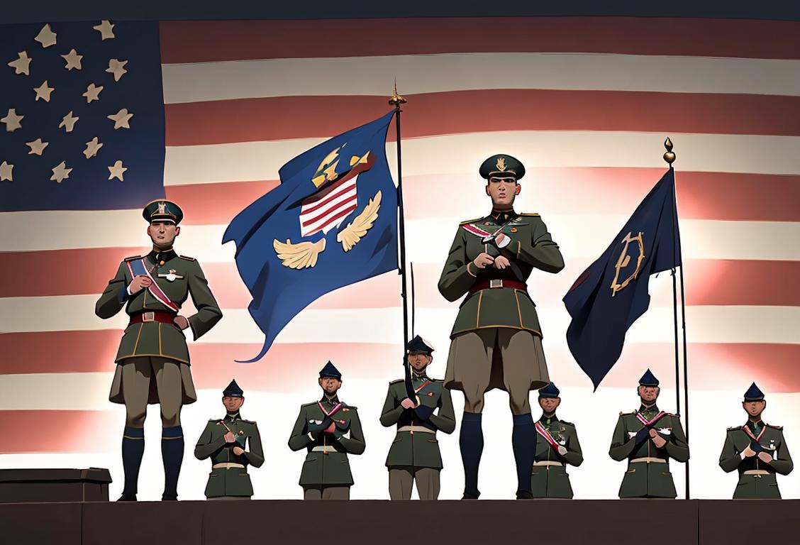 A group of brave soldiers standing proudly, wearing their military uniforms, with a backdrop of an American flag..