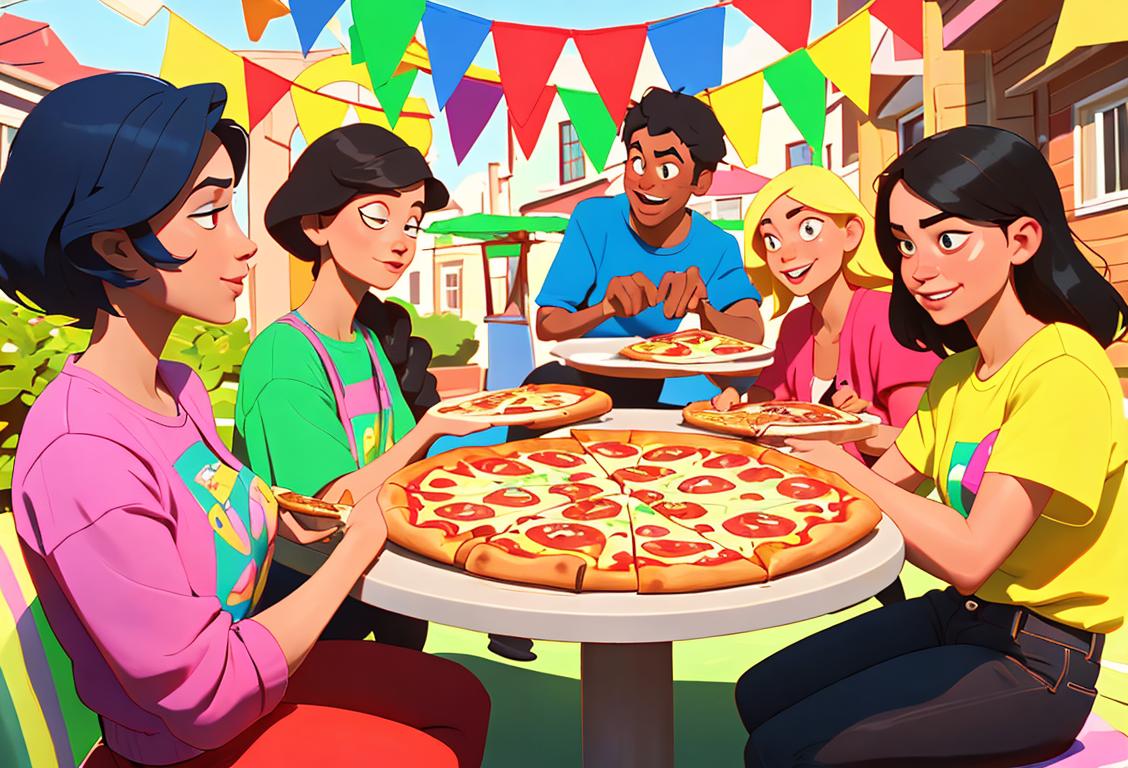 Group of diverse friends joyfully devouring slices of pizza at a colorful pizza party, wearing casual outfits, lively backyard setting..