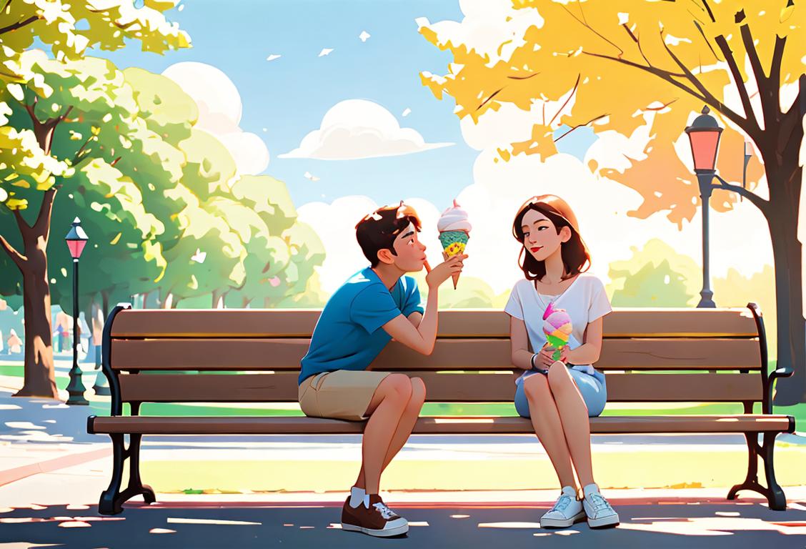Couple sitting on a park bench, holding ice cream cones, casual summer fashion, sunny park setting..