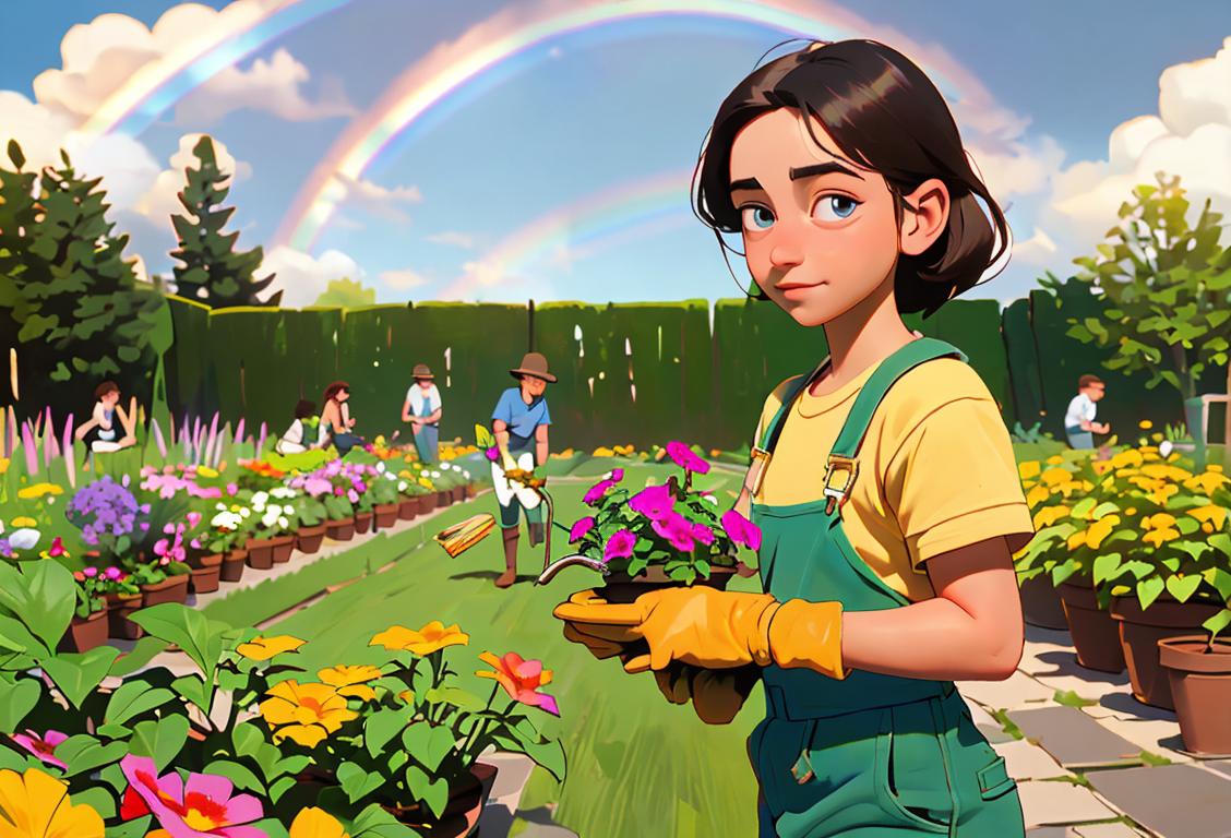 Young person wearing gardening gloves, planting flowers in a sunny backyard with a rainbow in the background..