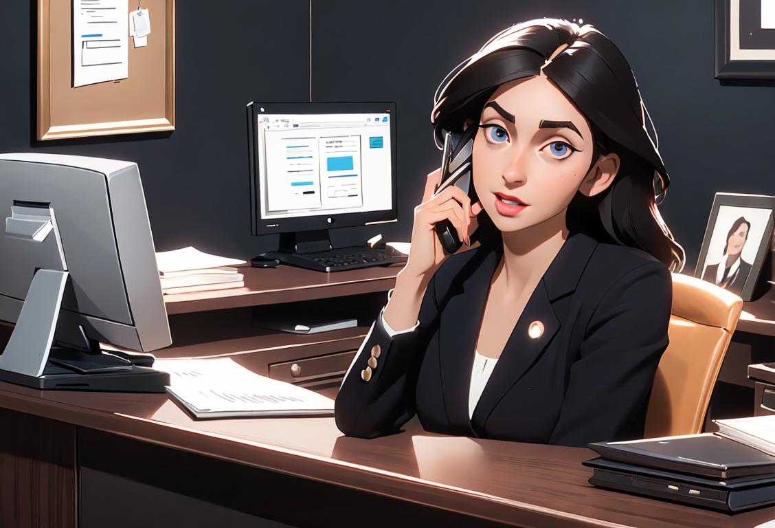 Friendly receptionist multitasking on phone and computer, wearing professional attire, bustling office setting with organized desk..