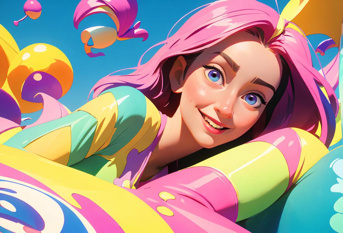 Young woman with a mischievous smile, dressed in colorful clothing, surrounded by a whimsical wonderland of imagination..