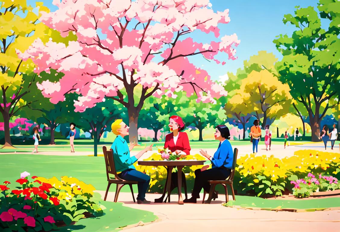 A diverse group of people having a lively conversation using American Sign Language in a park filled with vibrant colors and beautiful flowers..