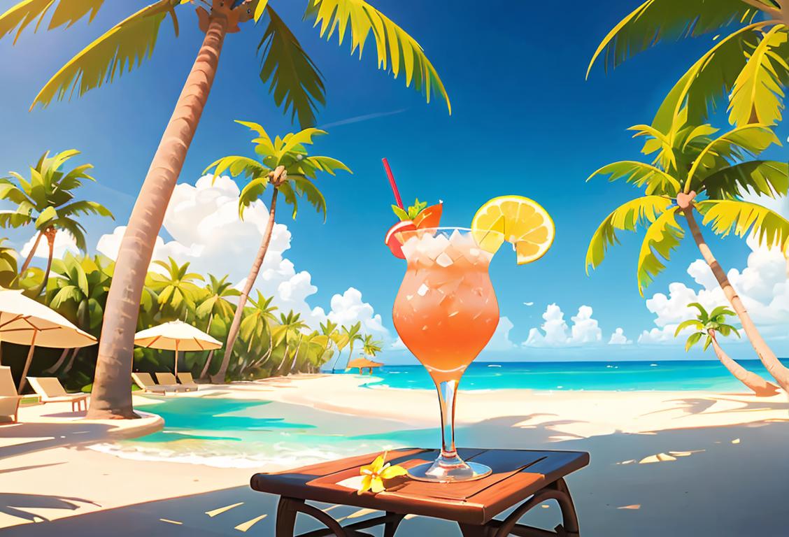 A tropical setting with a person sipping a refreshing cocktail, wearing a straw hat, and surrounded by palm trees..