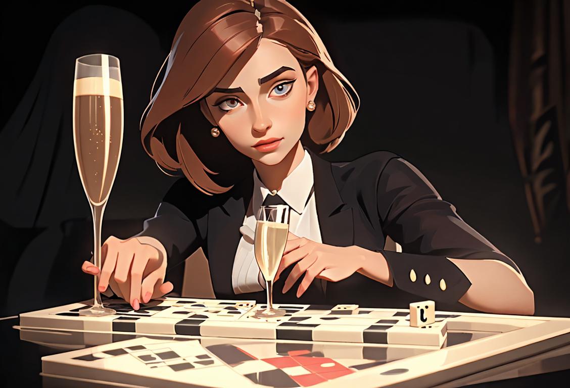 Young woman dressed in elegant attire, holding a champagne glass, surrounded by dominoes and an intriguing misty background..