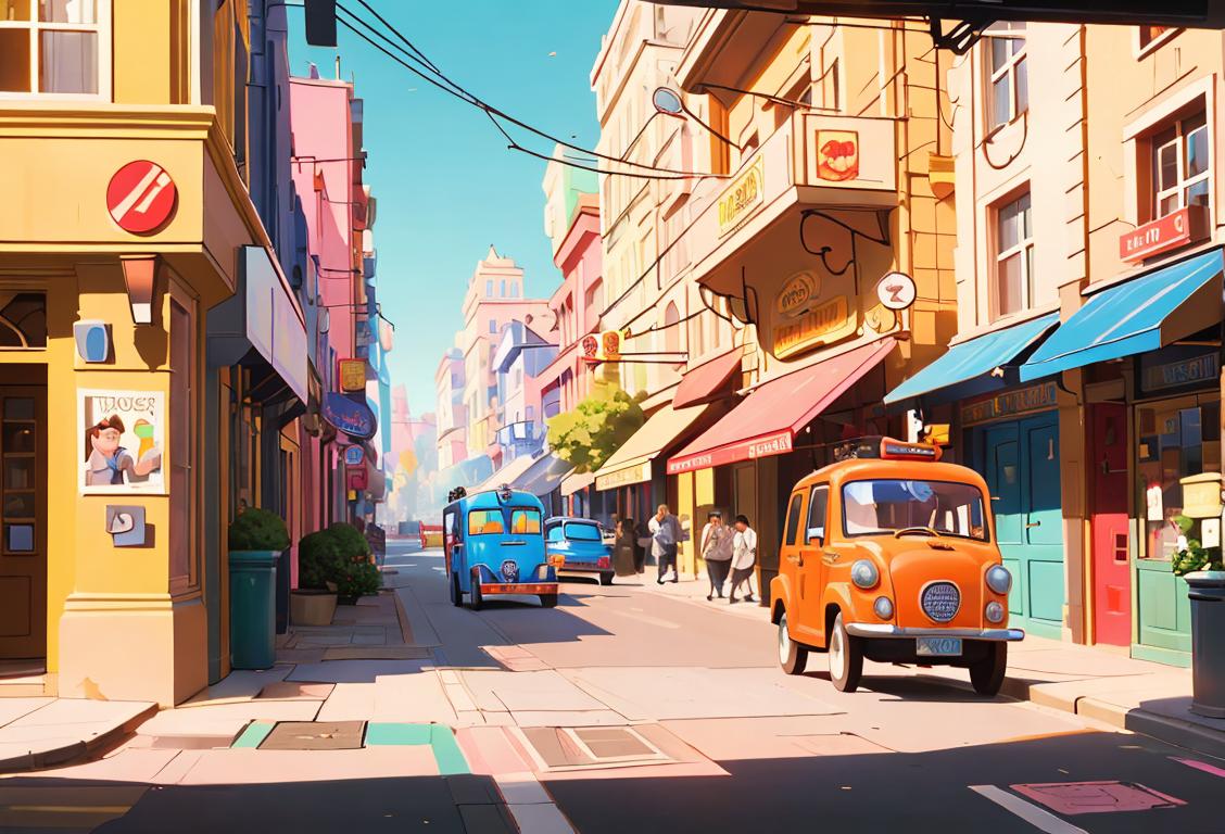 Cheerful post worker holding a stack of letters, wearing a postal uniform, bustling city street scene with colorful buildings..